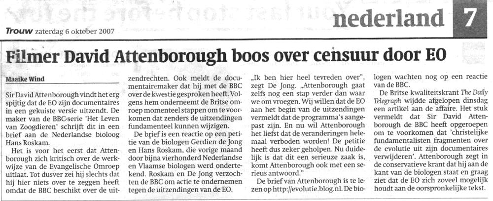 Filmer David Attenborough boos over censuur EO Trouw 6 okt 2007